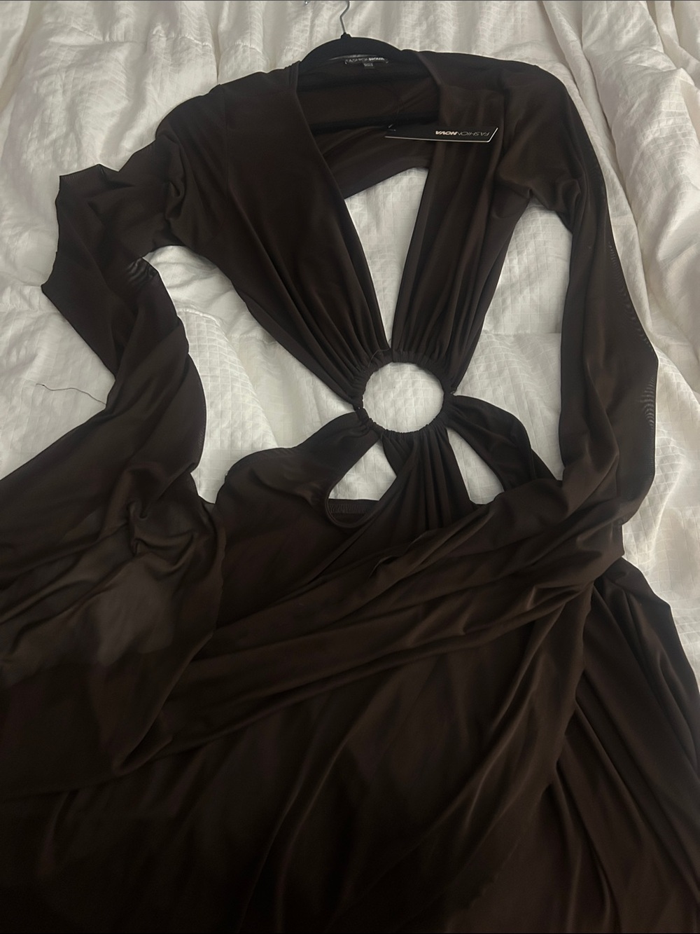 Fashion Nova Sarah Long Sleeve Maxi - Chocolate Brown Ring-Cutout Maxi Dress - Picture 7 of 9